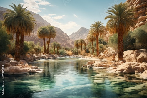 Peaceful Oasis with Palm Trees and a Sparkling Pool, Generative AI © Giantdesign