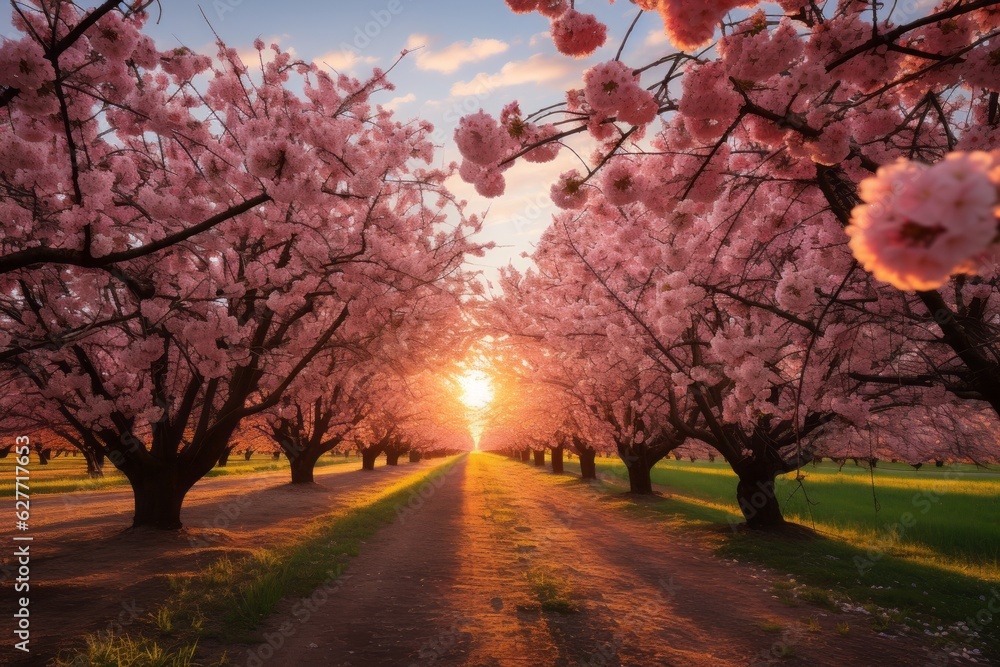 Peaceful Orchard with Rows of Blossoming Fruit Trees, Generative AI