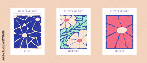 Set of 3 Posters Flower Market Florence, Rome, Madrid Abstract floral art, aesthetic modern art, boho decor, minimalist art, illustration, vector, poster, postcard. Collection for decoration.