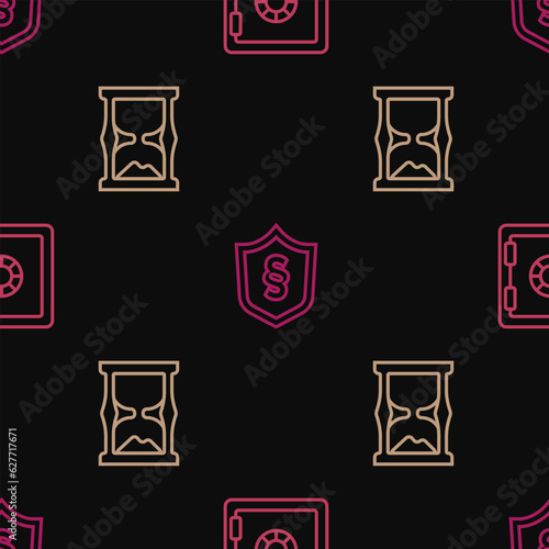 Set line Safe, Old hourglass and Justice law in shield on seamless pattern. Vector