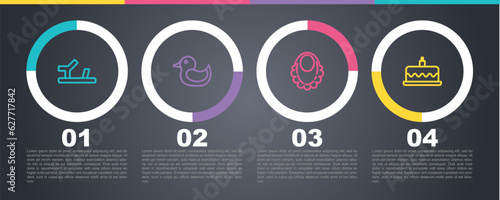 Set line Baby shoes, Rubber duck, bib and Cake with burning candles. Business infographic template. Vector