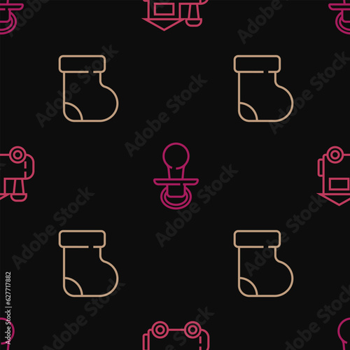 Set line Toy train, Baby socks clothes and dummy pacifier on seamless pattern. Vector