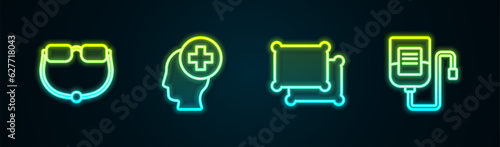 Set line Eyeglasses, Male head with hospital, Pillow and IV bag. Glowing neon icon. Vector