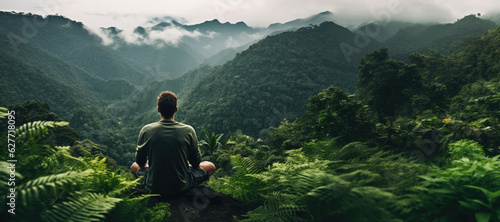 Fototapeta Naklejka Na Ścianę i Meble -  Back view of a sitting man observing the hills covered with rainforest, low clouds
