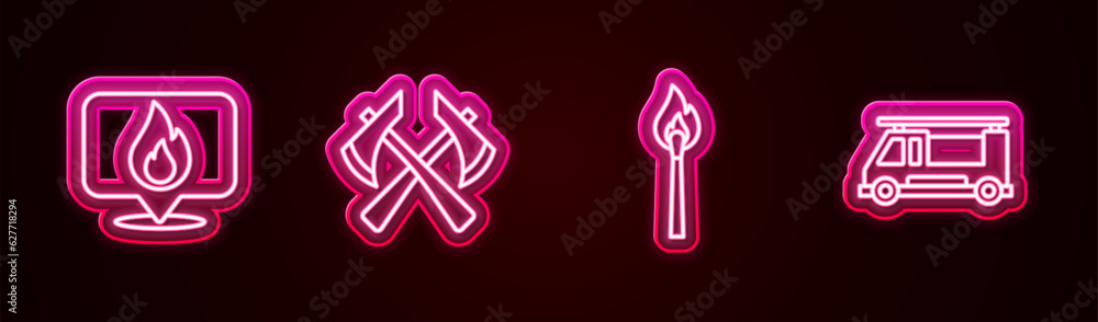 Set line Location with fire flame, Firefighter axe, Burning match and truck. Glowing neon icon. Vector Set line Location with fire flame, Firefighter axe, Burning match and truck. Glowing neon icon. Vector