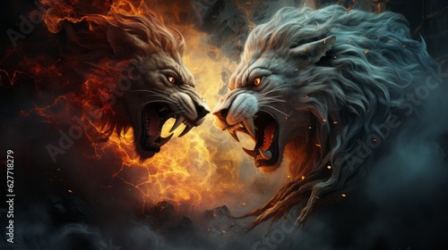 Illustration of two lions fighting, symbolizing fire and ice. Chaos, smoke, red eyes, sharp teeth. © Sahara 02