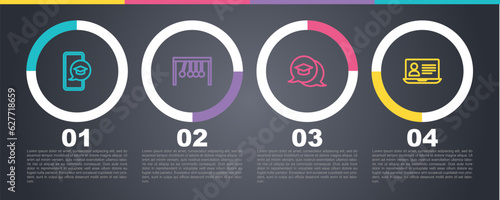 Set line Graduation cap on mobile, Pendulum, in speech bubble and Online class. Business infographic template. Vector