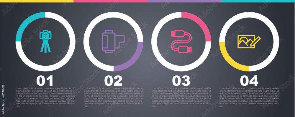Set line Photo camera, Camera roll cartridge, USB cable cord and retouching. Business infographic template. Vector Set line Photo camera, Camera roll cartridge, USB cable cord and retouching. Business infographic template. Vector