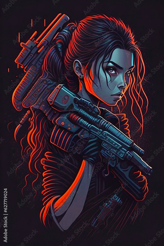 A vibrant, high-detail vector illustration of an American girl with a weapon