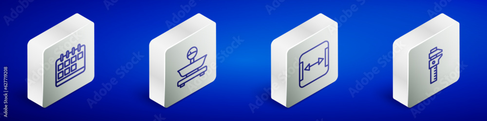 Set Isometric line Calendar, Scales, Area measurement and Calliper or caliper and scale icon. Vector Set Isometric line Calendar, Scales, Area measurement and Calliper or caliper and scale icon. Vector
