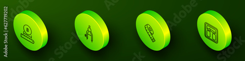 Set Isometric line Diameter, Drawing compass, Measuring tape and Bathroom scales icon. Vector