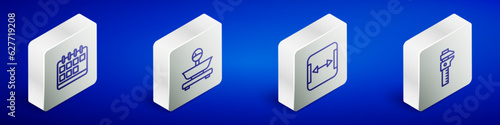 Set Isometric line Calendar, Scales, Area measurement and Calliper or caliper and scale icon. Vector