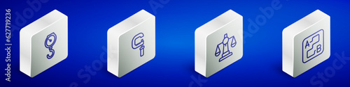 Set Isometric line Hand scale spring mechanical, Micrometer, Scales of justice and Route location icon. Vector