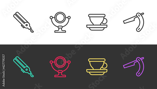 Set line Curling iron, Round makeup mirror, Coffee cup and Straight razor on black and white. Vector