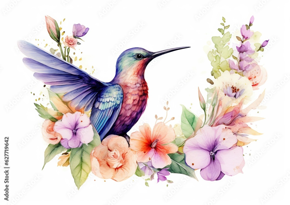 Whimsical Harmony: Graceful Hummingbird Amidst Blooming Flowers on a White Background. Generative Ai Whimsical Harmony: Graceful Hummingbird Amidst Blooming Flowers on a White Background. Generative Ai