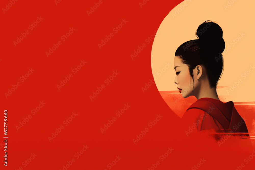 Simple illustration of a japanese women in bold color, copy space, expression, purpose, geisha Simple illustration of a japanese women in bold color, copy space, expression, purpose, geisha