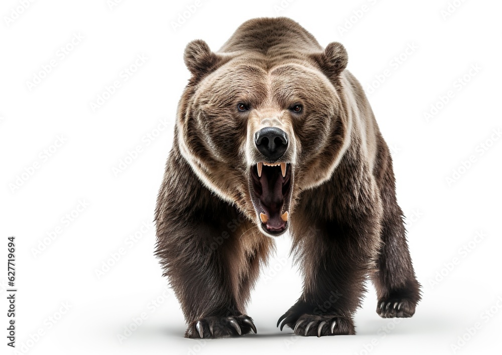 Fototapeta premium Untamed Power: The Mighty Grizzly Bear on a Serene White Background. Generative Ai