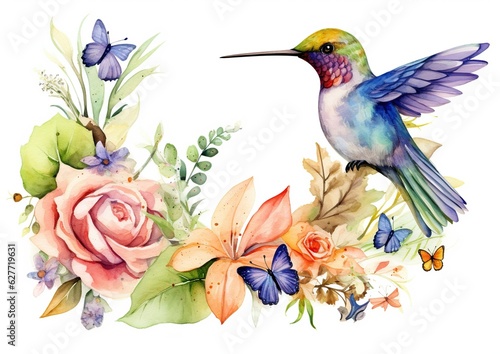 Whimsical Harmony  Graceful Hummingbird Amidst Blooming Flowers on a White Background. Generative Ai