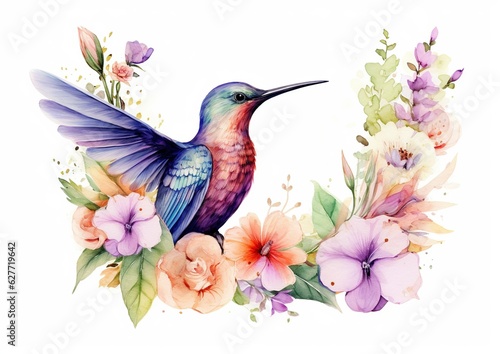 Whimsical Harmony  Graceful Hummingbird Amidst Blooming Flowers on a White Background. Generative Ai