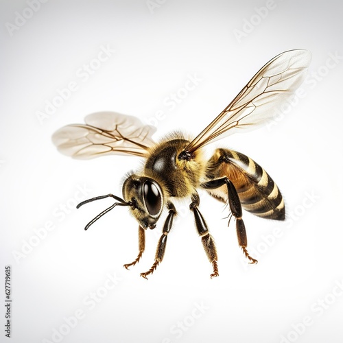 Nature's Tiny Aviator: A Bee Captured on a White Background. Generative Ai