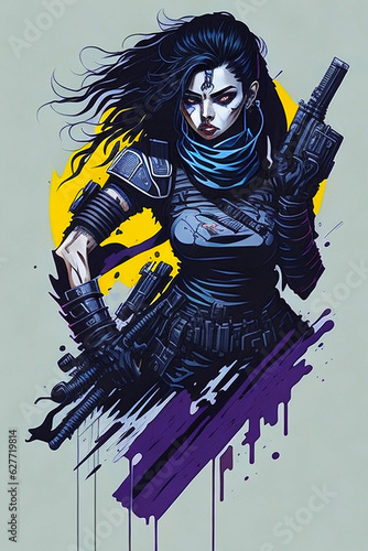 A high-detail vector t-shirt design featuring a cyberpunk Arab girl with a combat pose