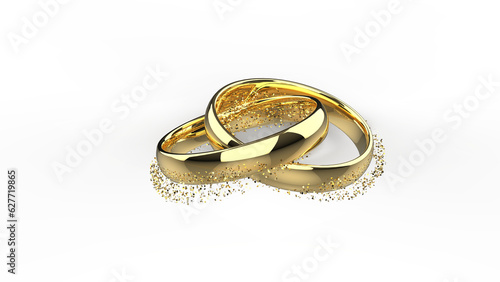 posh glossy gold rings interlaced interconnected with a corona of flittering flakes isolated 3D CAD rendering floor shadow