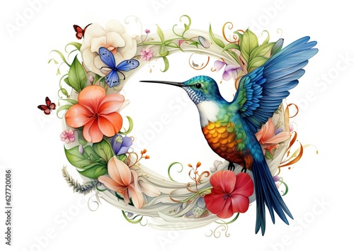 Floral Harmony  An Exquisite Floral Alphabet Letter Adorned with Flowers and a Hummingbird. Generative Ai