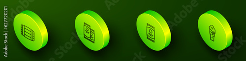 Set Isometric line Wooden barrel, Beer can, and Glass of beer icon. Vector
