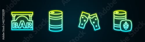 Set line Street signboard with Bar, Metal beer keg, Glass of and . Glowing neon icon. Vector