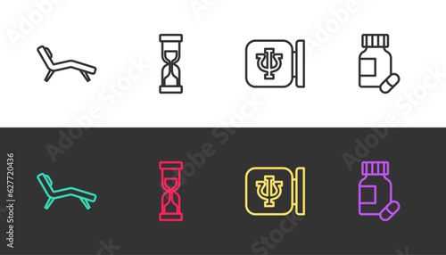 Set line Armchair, Old hourglass, Psychology, Psi and Sedative pills on black and white. Vector