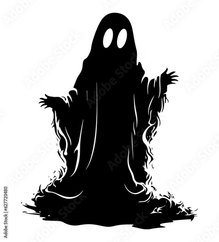 Creepy Halloween ghost black silhouette. Halloween spirit vector illustration in grunge style. Black outline art.