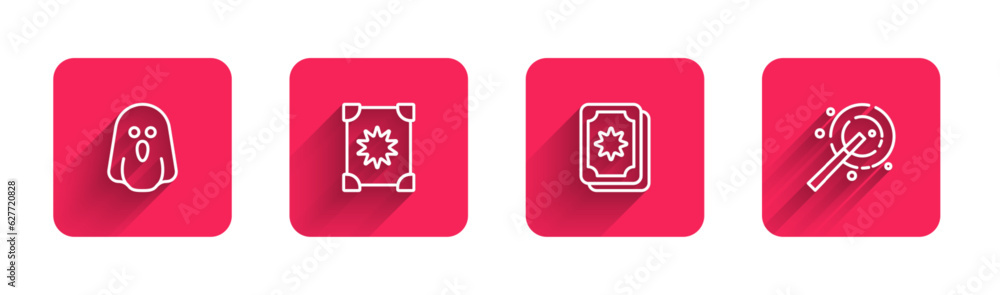 Set line Ghost, Ancient magic book, Tarot cards and Magic wand with long shadow. Red square button. Vector Set line Ghost, Ancient magic book, Tarot cards and Magic wand with long shadow. Red square button. Vector