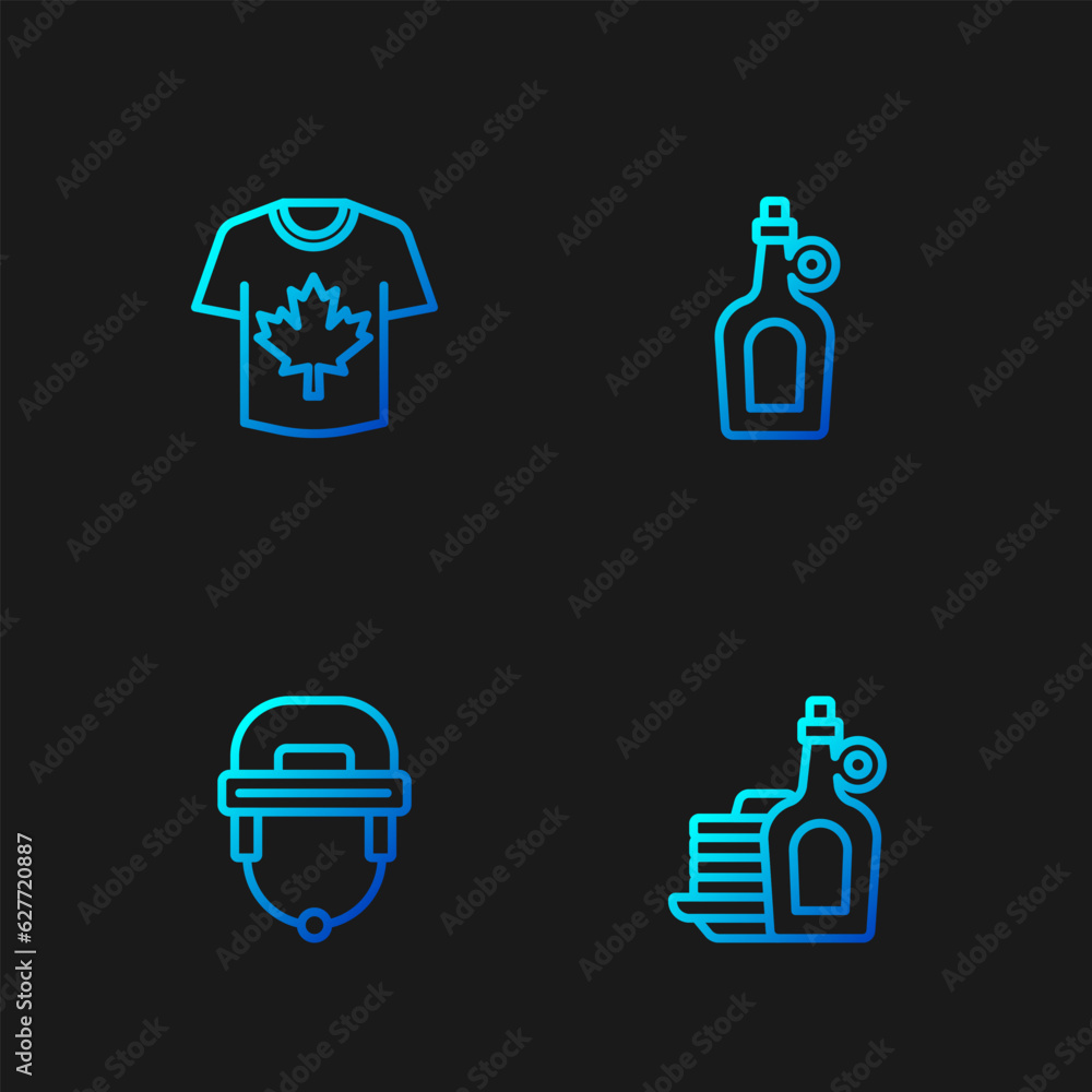 Set line Syrup with pancakes, Hockey helmet, jersey and Bottle of maple syrup. Gradient color icons. Vector Set line Syrup with pancakes, Hockey helmet, jersey and Bottle of maple syrup. Gradient color icons. Vector