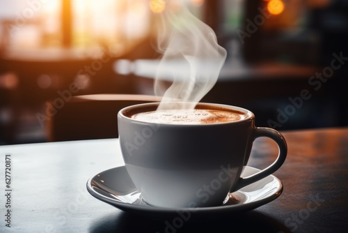 Fotografia Close up mug with aromatic coffee white cup of hot aroma cappuccino espresso lat
