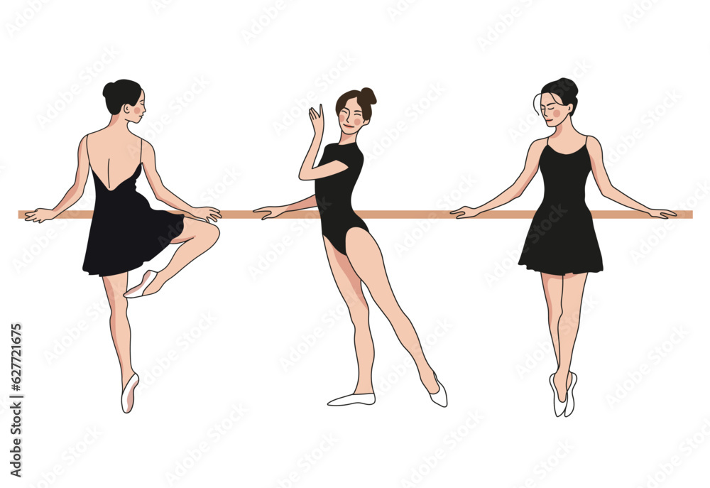 Three young ballet dancers stand in different poses on a white background. Illustration of a ballerina in special dance dresses. Vector flat illustration. Three young ballet dancers stand in different poses on a white background. Illustration of a ballerina in special dance dresses. Vector flat illustration.