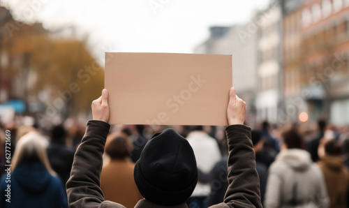 A political activist protesting holding a blank placard sign banner at a protest