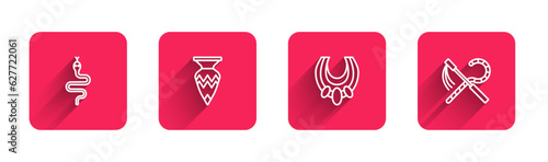 Set line Snake, Egyptian vase, necklace and Crook and flail with long shadow. Red square button. Vector
