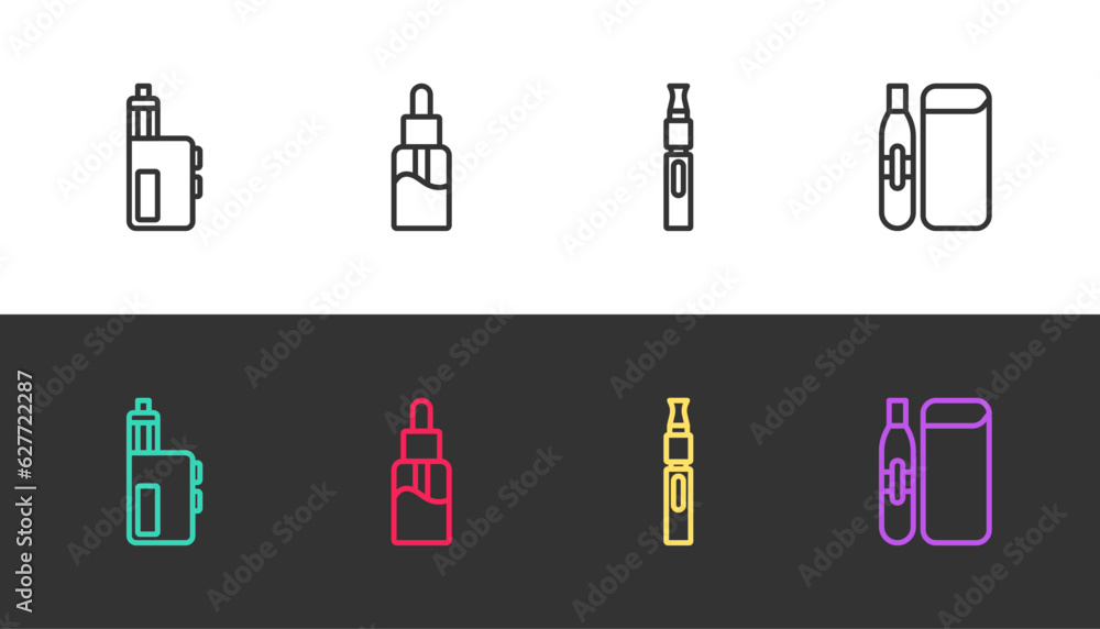 Set line Vape mod device, liquid bottle, Electronic cigarette and on black and white. Vector Set line Vape mod device, liquid bottle, Electronic cigarette and on black and white. Vector