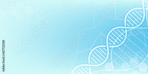 Abstract DNA structure biotechnology design concept with hexagonal texture in blue background.