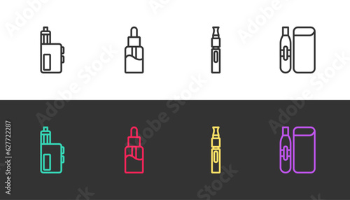 Set line Vape mod device, liquid bottle, Electronic cigarette and on black and white. Vector