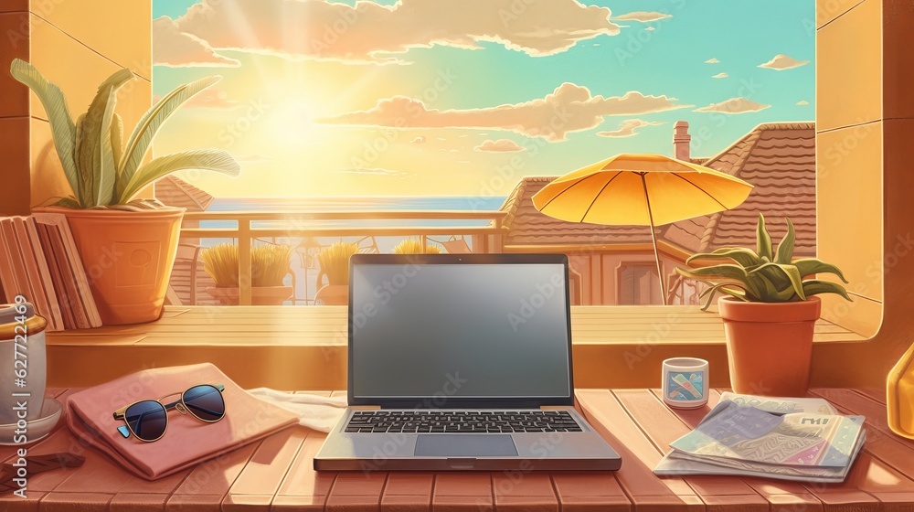 Fototapeta premium Drawing a laptop on the background of an open window and the beach Generative AI