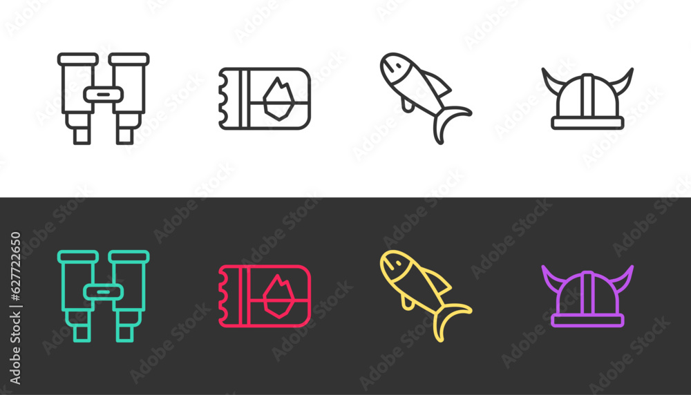 Fototapeta premium Set line Binoculars, Ticket Iceland, Fish and Viking horned helmet on black and white. Vector