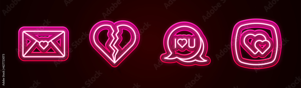 Set line Envelope with Valentine heart, Broken or divorce, Speech bubble text I love you and Heart. Glowing neon icon. Vector Set line Envelope with Valentine heart, Broken or divorce, Speech bubble text I love you and Heart. Glowing neon icon. Vector