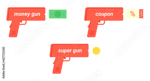 A set of money machine guns with different inscriptions, a banknote, a coin and a coupon on a white background. Design for advertising banners and flyers. Flat vector illustration.