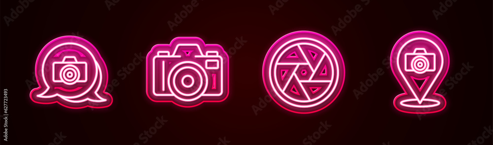 Set line Photo camera, Camera shutter and . Glowing neon icon. Vector Set line Photo camera, Camera shutter and . Glowing neon icon. Vector