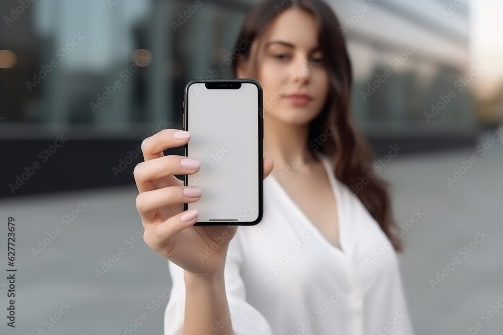 Close-up, womans hand holding smartphone with empty screen mockup Close-up, womans hand holding smartphone with empty screen mockup