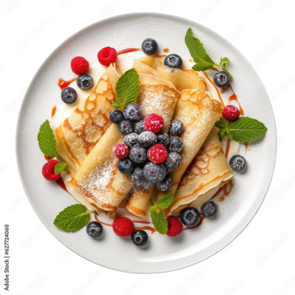 Delicious Plate of Crepes with Berries Isolated on a Transparent Background Delicious Plate of Crepes with Berries Isolated on a Transparent Background