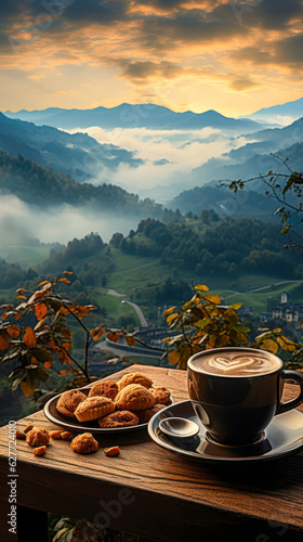 Morning coffee cup and coffee beans on table over mountains, landscape with sunlight. Beauty nature background view of sunset or sunrise background with copy space