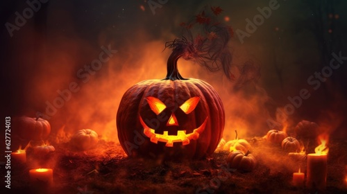 A mystical and scary pumpkin for Halloween. Festive background.