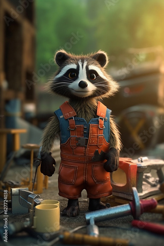 Funny Raccoon Construction Worker on a Building Site - AI generated